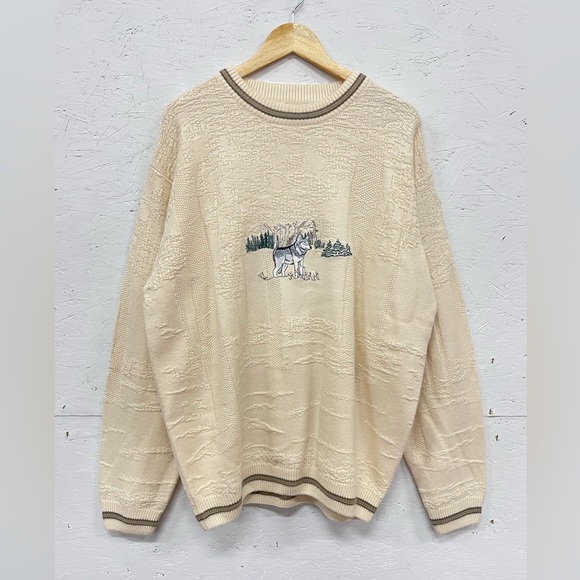 R&R Other - Vintage 80s R&R Wolf Embroidered Knit Crewneck Sweater, Size XL